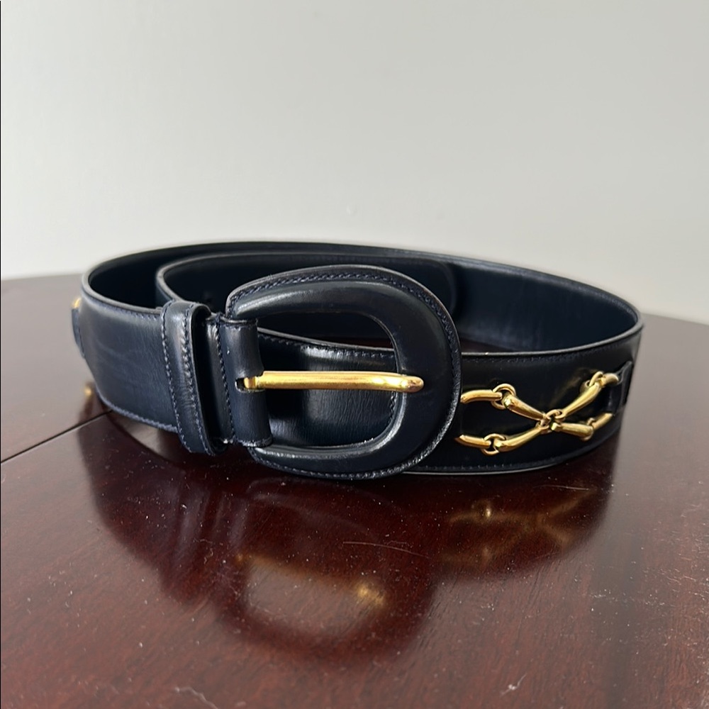 Gucci Navy and Gold Horsebit Leather Belt 32